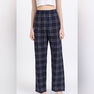 WILFRED, Navy Checkered Wide Leg Pants with Folded Hems.